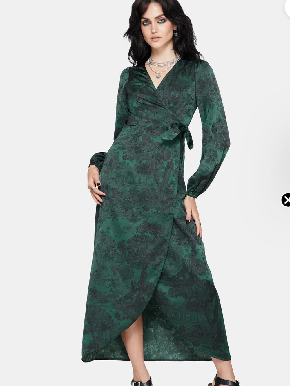 Disturbia Satin Green Wrap Maxi Dress with Long Sleeves